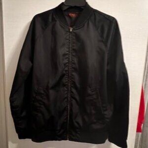 H&M Women's Black Silky Poly Zippered Bomber Jacket w/ Red Flower Lining Sz S